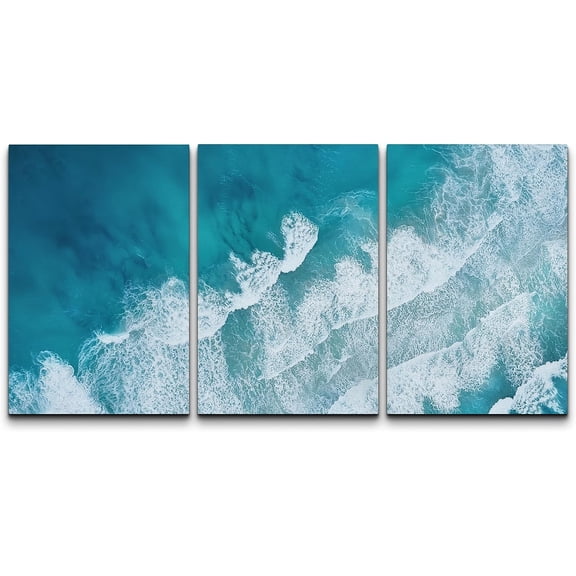 PixonSign Canvas Print Wall Art Set Teal Ocean Wave Beach Shore Coastal Seascape Landscape Nature Wilderness Modern Decorative Nautical Blue Calm/Relax/Cozy - 24"x36"x3