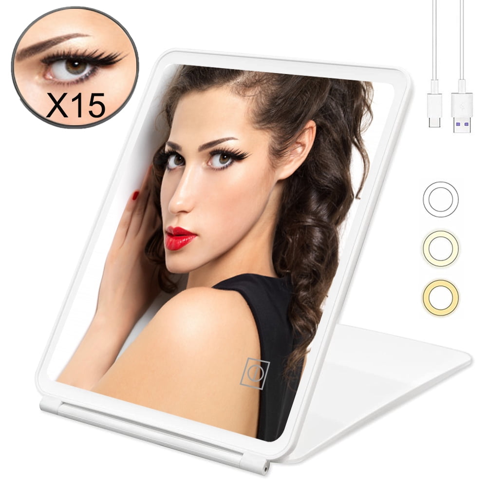 Lighted Makeup Mirror with 60 LED Lights, Portable Folding Travel Mirror LED Vanity Mirror with 15X Magnifying Mirror, 3 Color Lights, Touch Screen, USB Rechargeable