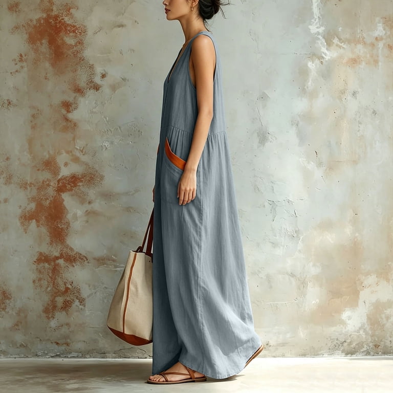 grey flowy maxi dress Miluxas Women's Lightweight V Neck Sleeveless Maxi Dress A Line Casual Loose Flowy Long Dress with Pockets Soft Breathable Beach Vacation Outfits Gray