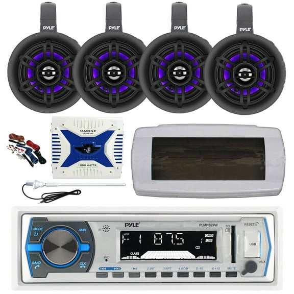 Pyle PLMRB29W Single DIN Bluetooth Marine MP3 AM/FM Stereo Receiver with White Cover, Long Range Antenna, Amplifier w/Kit, 4x 4" 300W Max Bluetooth Waterproof Wakeboard LED Tower Speakers (Black)
