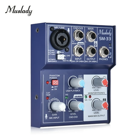 Muslady SM-33 Mini 3-Channel Sound Card Mixing Console Digital Audio Mixer Supports 5V Power Bank USB Power Supply Built-in 48V Phantom Power for Recording DJ Network Live Broadcast (Best Soundcard For Recording Dj Mixes)