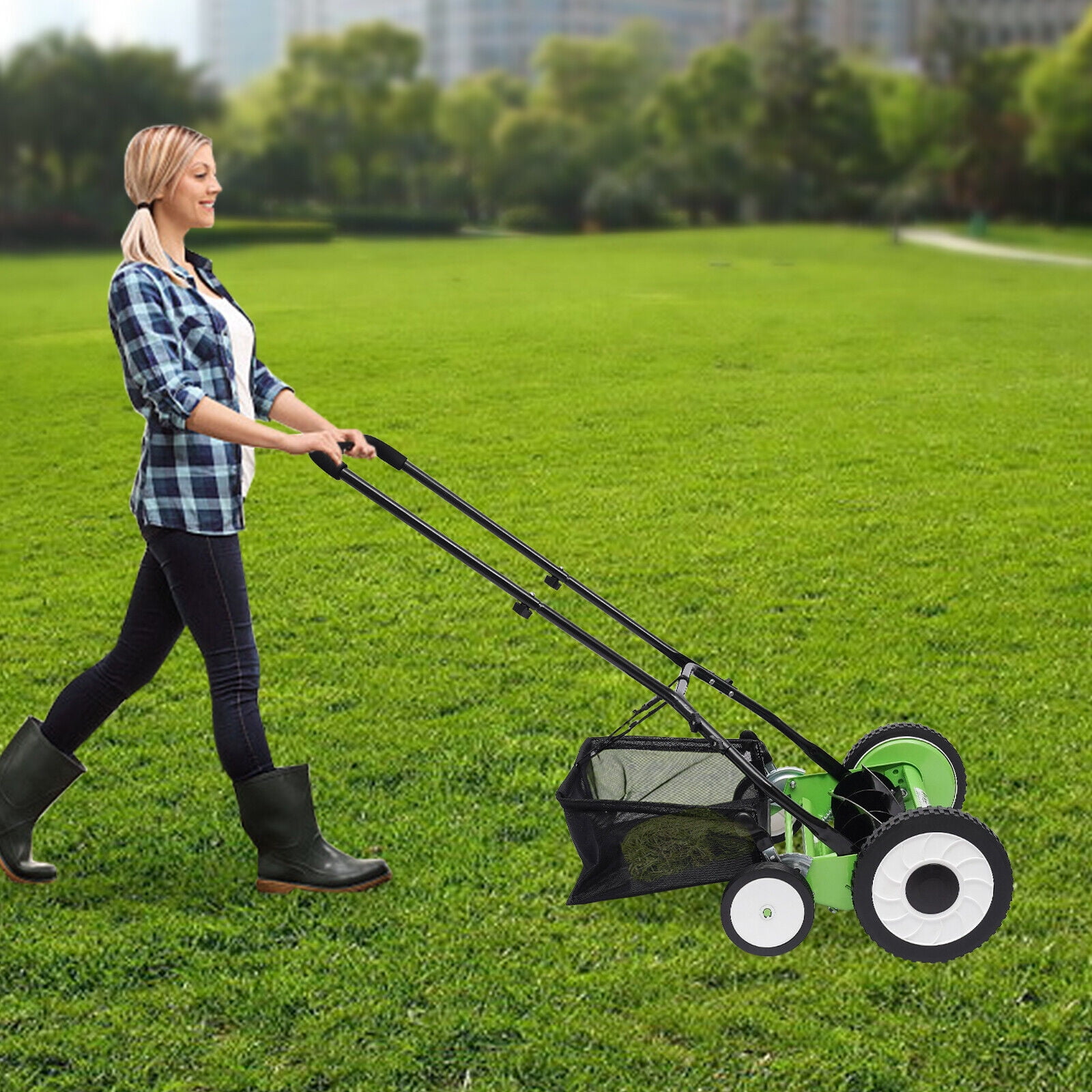 16" Walk Behind Manual Reel Mower Adjustable 5-Blade Hand Push Lawn Catcher Yard