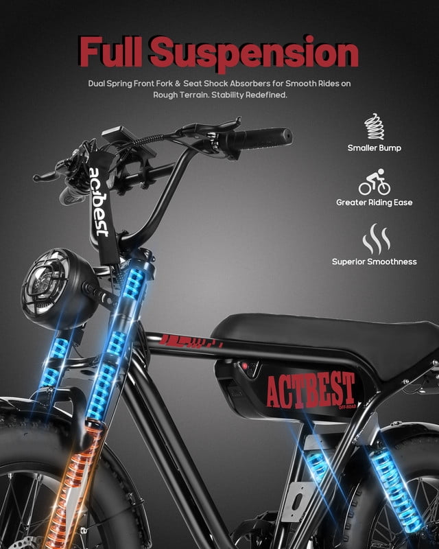 Electric Bike for Adults, Peak 1500W 28 MPH Fat Tire All-Terrain Electric Motorcycle, Full Suspension Mountain Electric Dirt Bike for Men/ Women Black & Red