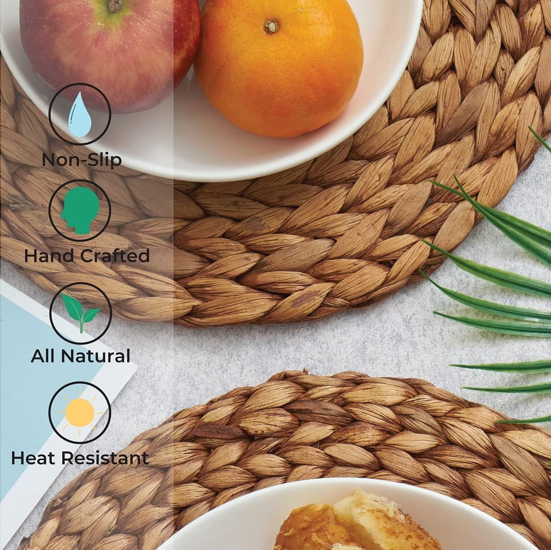 VASGOR 12" Brown Woven Placemats Round Set Of 6 - Natural Water Hyacinth Weave Placemat for Dining Table, Large Handmade Placemats Heat Resistant Non-Slip