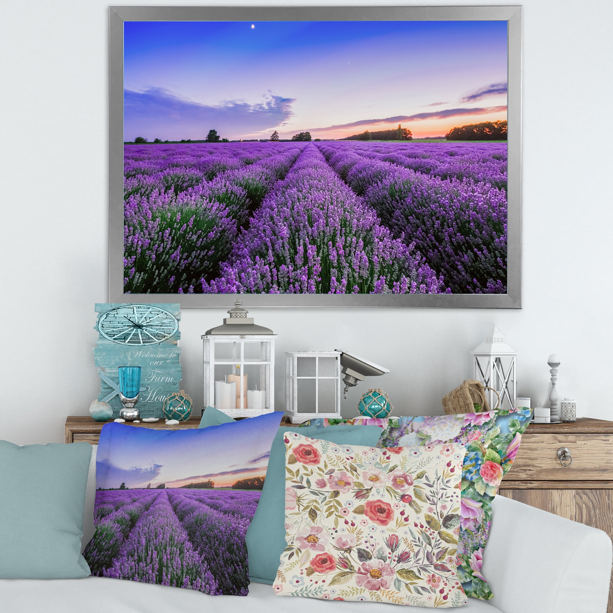 Designart 'Dramatic Clouds and Sunrise Over Lavender Field II' Farmhouse Framed Art Print