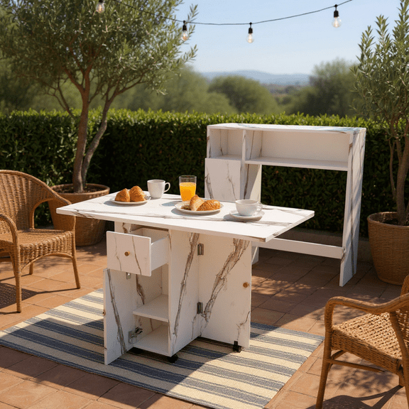 Homy Casa Outdoor Folding Conversation Table with Storage Cabinet, Space-Saving Patio Coffee Table