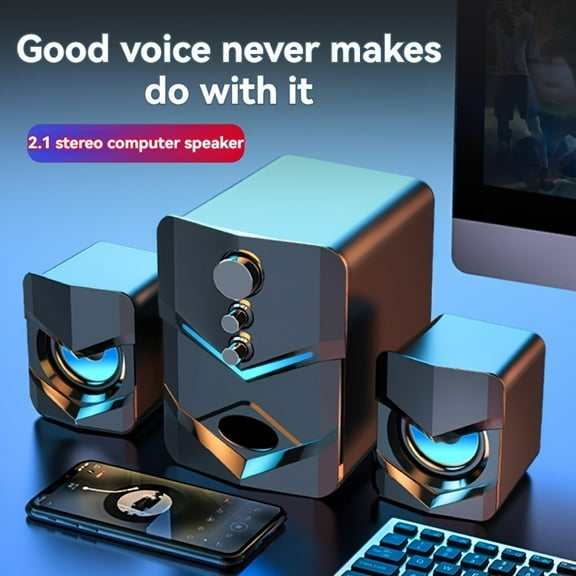 2.1 Channel Stereo Desktop Speaker with LED Lights - USB/3.5mm/Wireless for PC, Laptop, Gaming | Portable for Home & Office (Blue Accent Design)