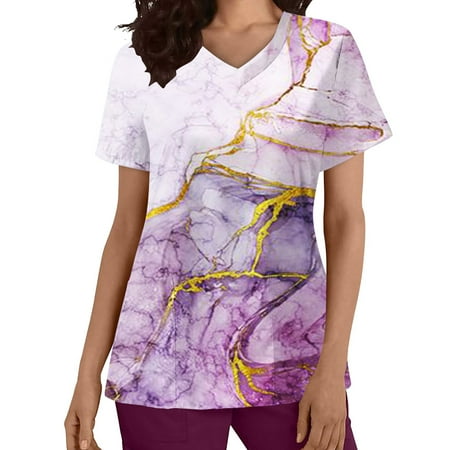 

Women Spring Summer Care Short Sleeve V-Neck 3D Printed Pocket Scrubs Top Working Uniform Nurses Clothing Workwear Female Clothes