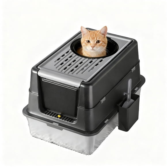 Stainless Steel Cat Litter Box - Extra Large 60x40x38.5cm Enclosed Dual Entry - Leak Proof & Odor Control - Deep Black for Multi-Cat Homes - 180° Lid + Includes Scoop