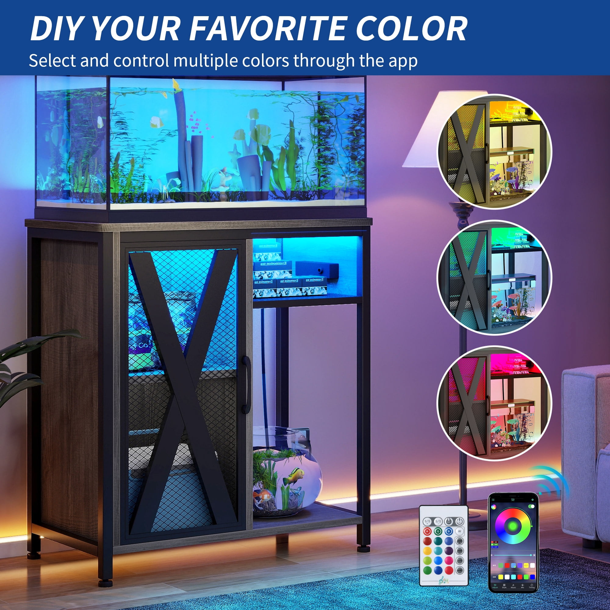 Uforic Aquarium Stand with Power Outlets & LED Light and Cabinet for 20-30 Gallon Fish Tank Stand, Turtle Tank, Reptile Terrarium - Gray