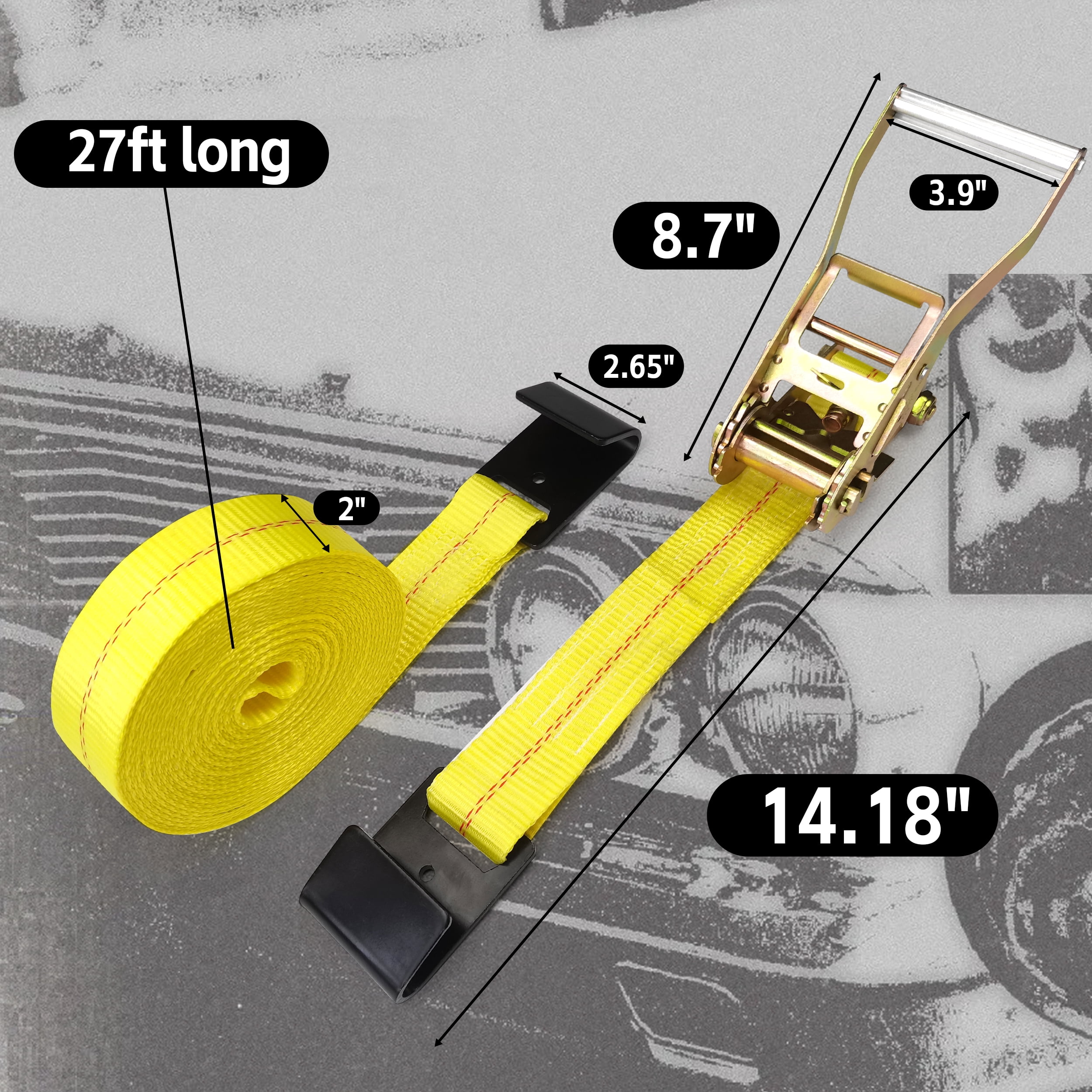 KJE Flat Hook Ratchet Straps 2 Pack, Heavy Duty 2" x 27' Tie Down Straps, 3,333 lb Working Load Limit, Weather Resistant Cargo Straps for Flatbed, Truck, Trailer, Pickup