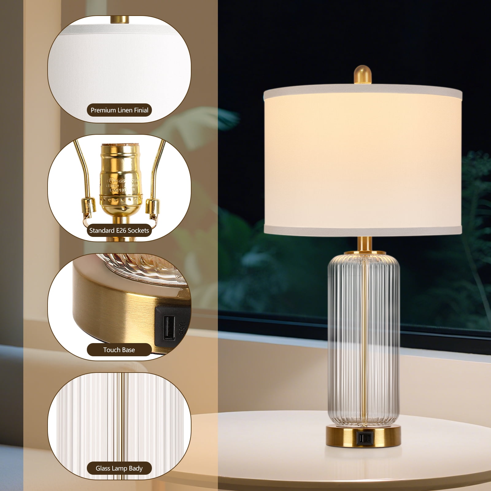 27" Modern Glass Table Lamps with USB A+C Ports, Clear Bedside Lamps Desk Lamps for Bedroom