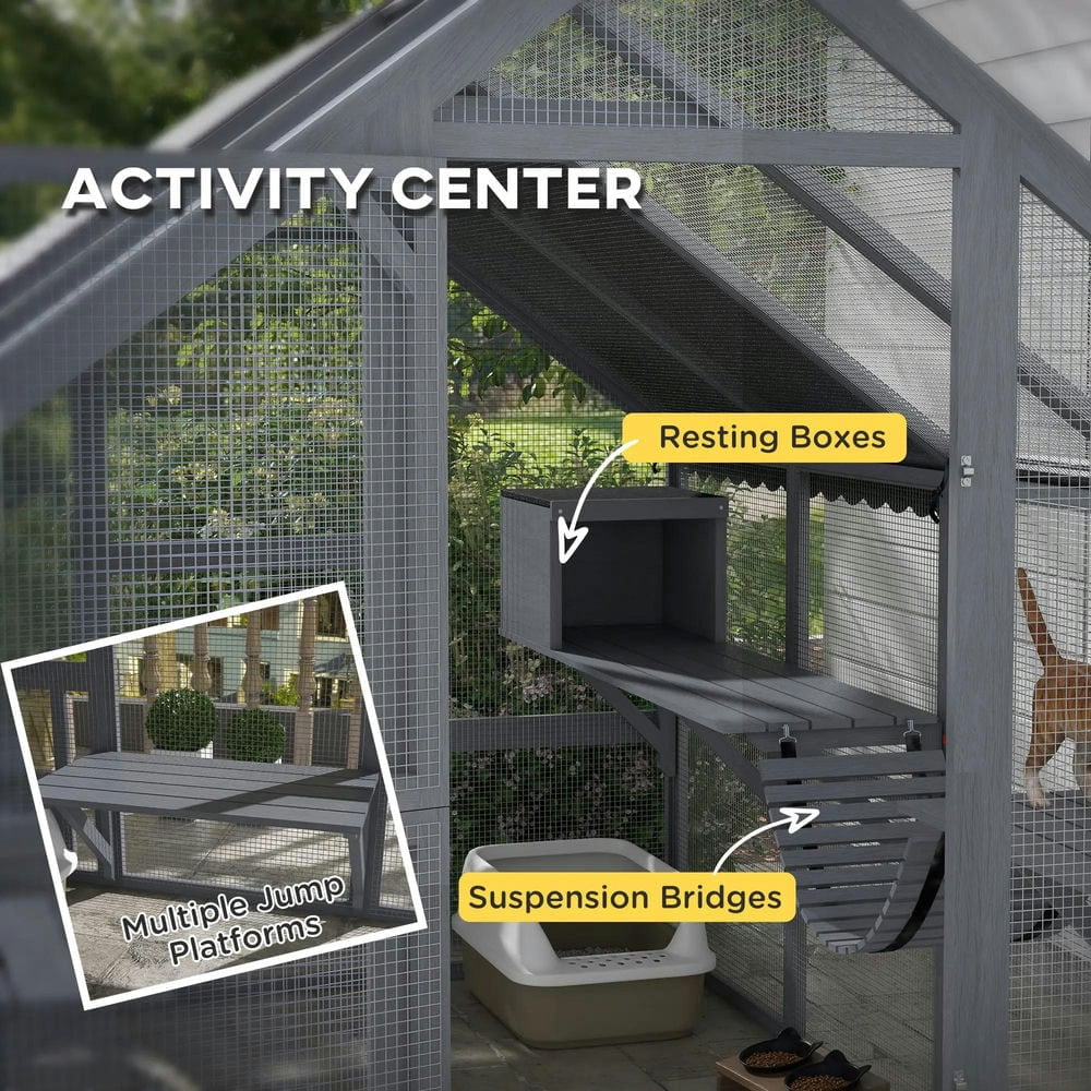 Spaco Wooden Cage Outdoor Cat Enclosure with Waterproof Cover, 2 Condos, 6 Platforms, Bridge, Doors, Gray