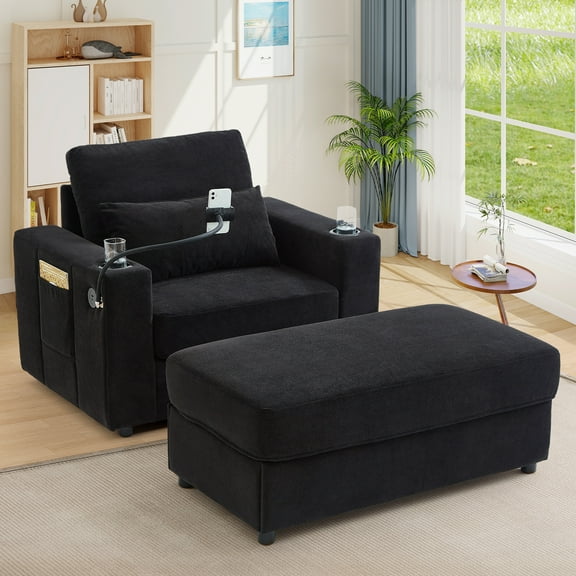Lunale Accent Chair with Ottoman, Indoor Lounge Chair with USB & Storage, Modern Upholstered Sofa Armchair for Living Room, Bedroom, Apt., Black Chenille