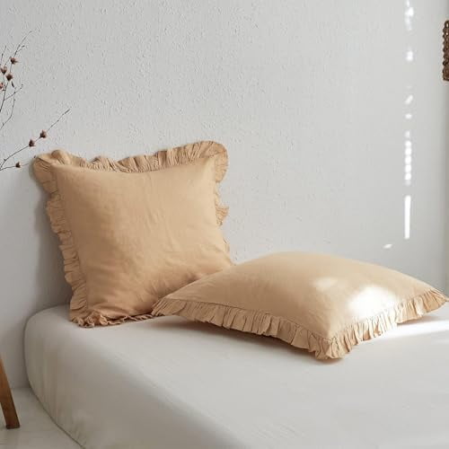 100% Linen Euro Sham Covers with Ruffle, 26x26 Inch Pillow Covers Set of 2, Euro Pillow Shams for Bed Couch French Home Decor Luxury and Breathable Square Pillow Cases, Sand