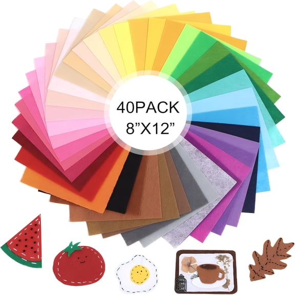 AUQ 40 Pcs Stiff Felt Fabric Sheet for Crafts,1mm Thick and 8”x12” Assorted Color Felt Fabric Sheets for Crafts DIY Handcraft Sewing Squares Patchwork Nonwoven