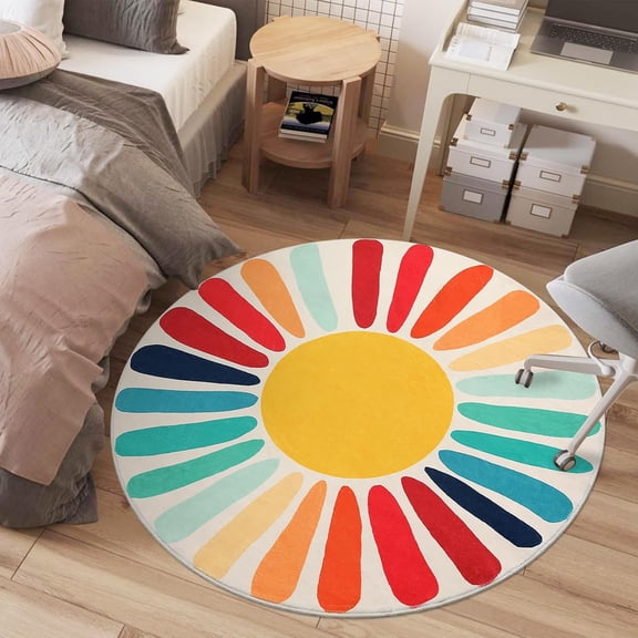 Rainbow Sun Round Rug, Washable 4ft Non Slip Low Pile Rug with Cute Sun Print for Nursery Sofa Bedroom, Mid Century Modern Circle Rugs for Playroom Kids Room, Blue