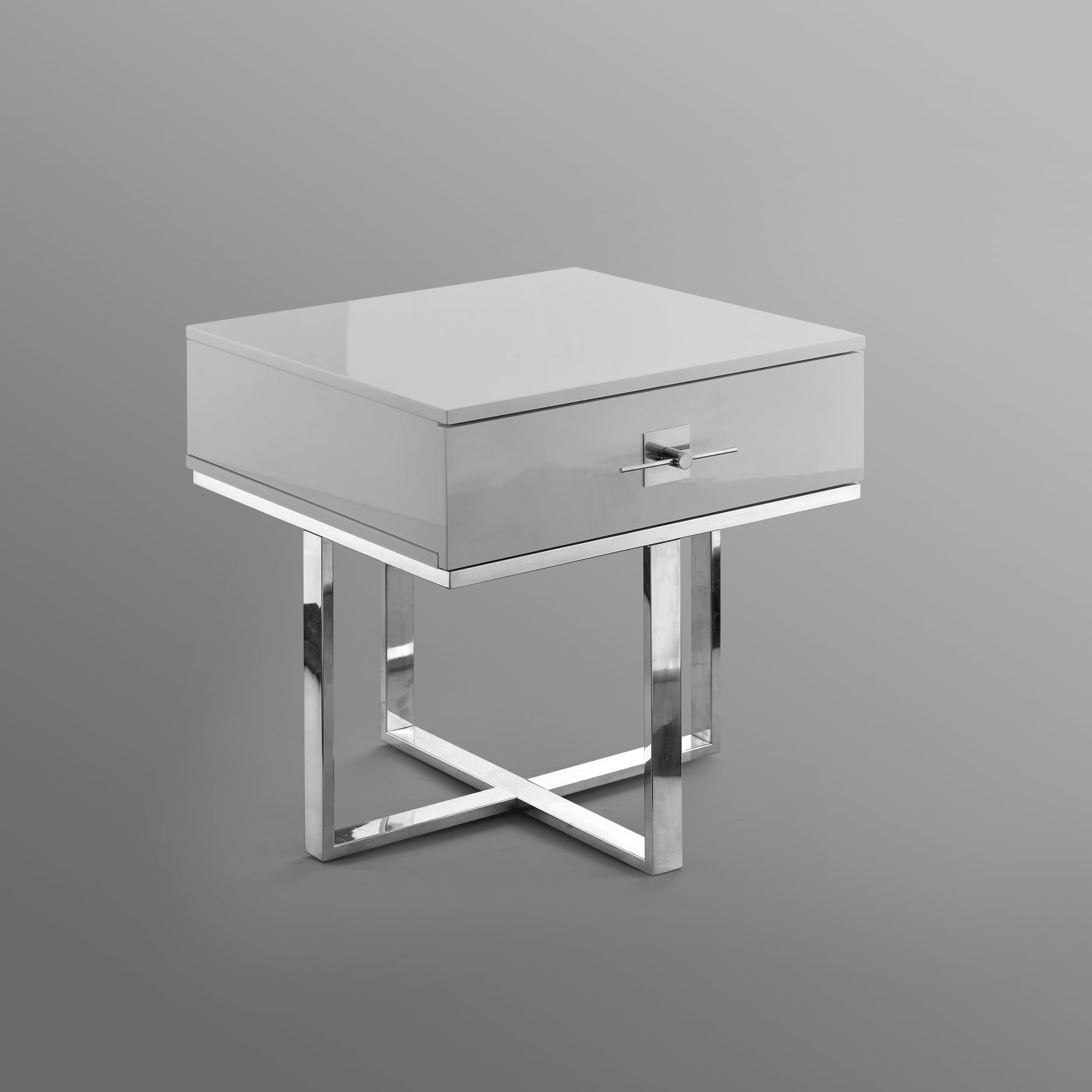 Hilo Light Grey Chrome Side Table - 1 Drawer, Hight Gloss Lacquer Finish, Polished Stainless Steel Base