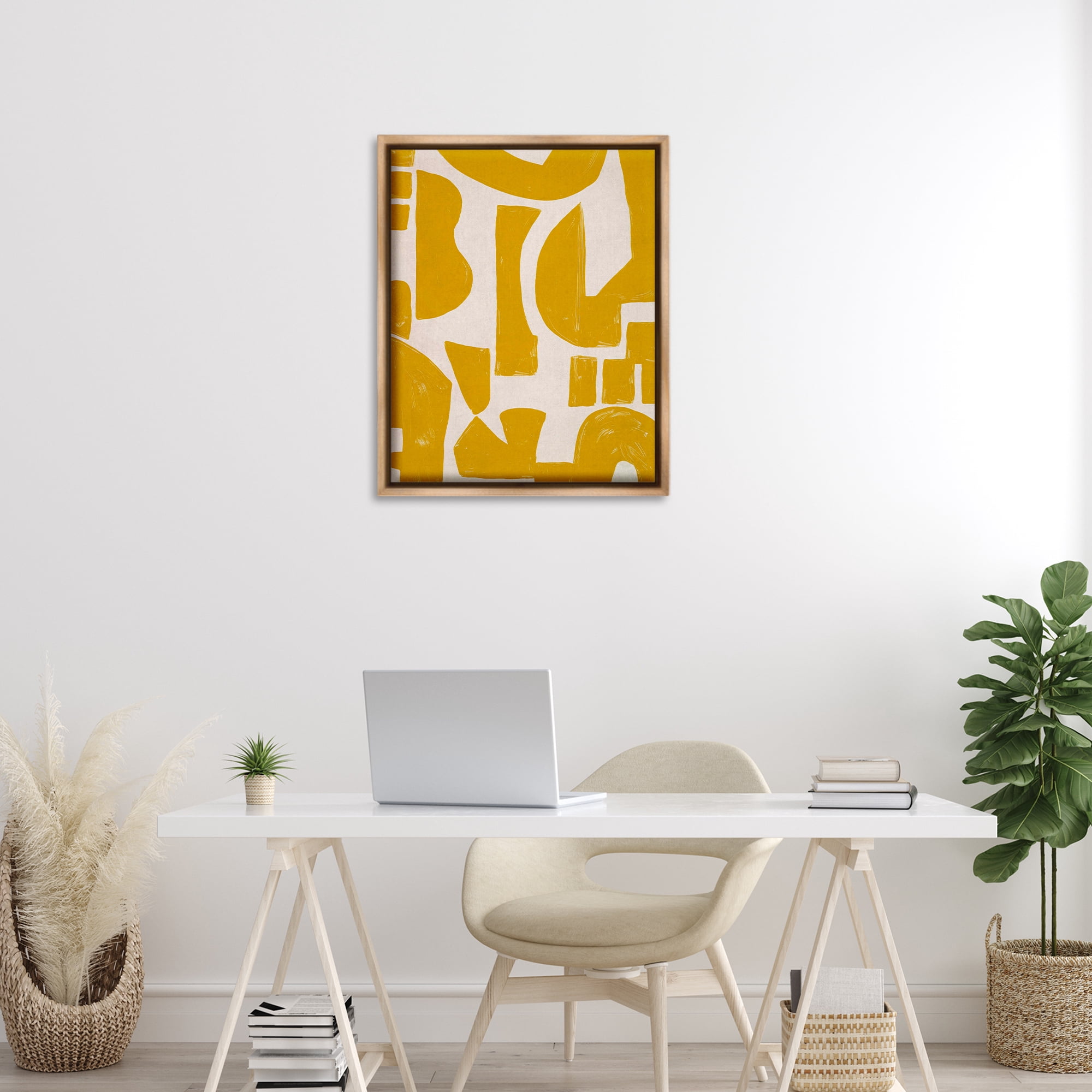 Stupell Industries Yellow Asymmetrical Shapes Abstract Painting Brown Floater Framed Canvas Art Print Wall Art, 25 x 31