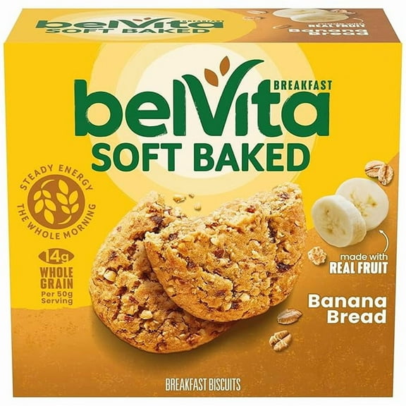 belVita Soft Baked Banana Bread Breakfast Biscuits, Chewy Breakfast Bars, 5 Packs (1 Biscuit Per Pack)