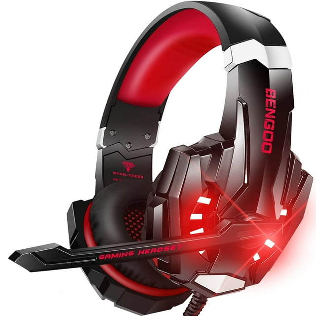 BENGOO Auriculares estéreo para juegos para PS4 PC Controlador Xbox One Auriculares supraaurales con cancelación de ruido con micrófono Luz LED Sonido envolvente de graves Orejeras de memoria suave pa