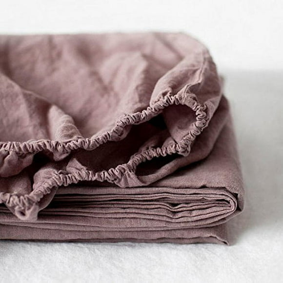 King Linens 100% Linen Fitted Sheet Stone Washed Solid Color - (1 Piece) 14 inch Deep Pocket Mattress Cover Soft Natural Breathable Farmhouse - Purple, Twin Size