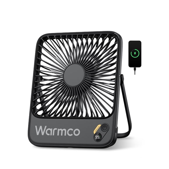 Warmco Ventilador de Escritorio Recargable 10000mAh, Mini Abanico Portátil con Pantalla Digital, Diseño Ultradelgado para Recámara, Oficina y Viajes