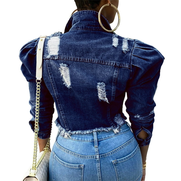 Women Sexy Ripped Denim Jacket Casual Short Jean Jacket Long Puff