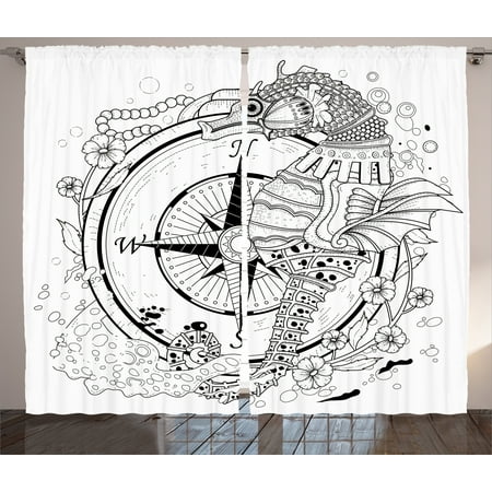 Exquisite Bedroom - Hand Drawn Curtains 2 Panels Set, Giant Seashore All over Compass in Exquisite Ornate Detailed Motifs Ocean Animal Print, Living Room Bedroom Decor, Black White, by Ambesonne