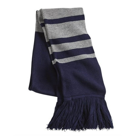 Rugby Striped Knit Fringe Scarf - Cashmere Feel 100% acrylic - (Navy/ Heather (Best Mens Cashmere Scarf)