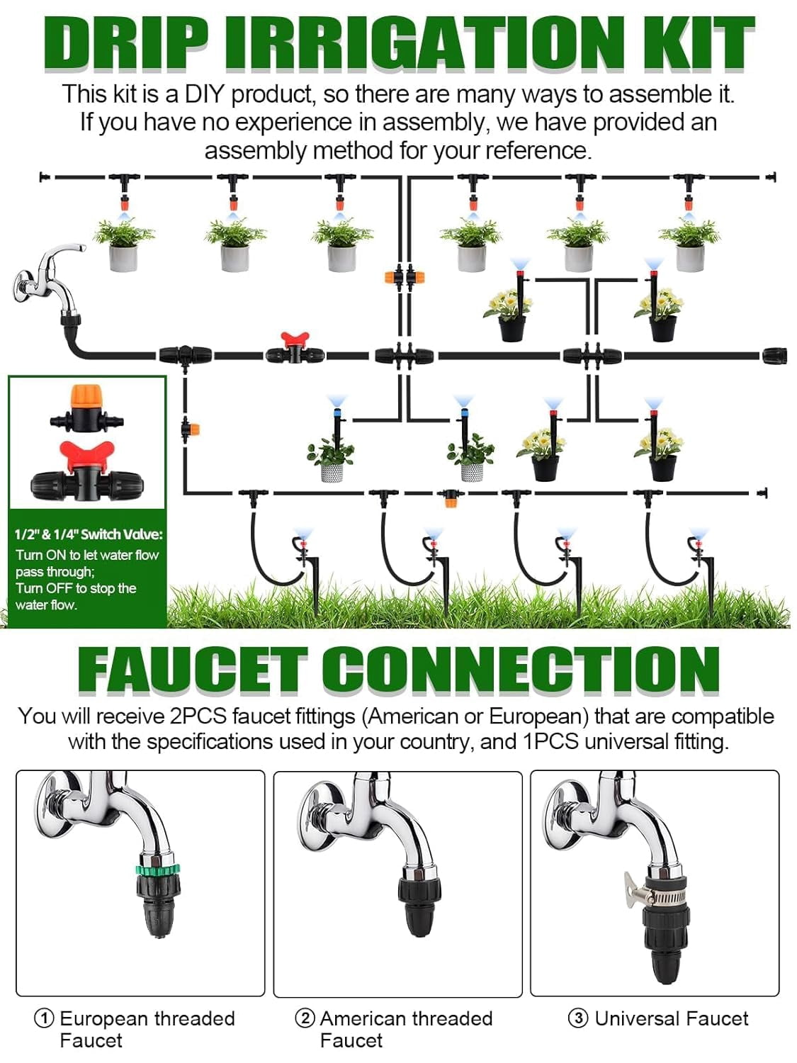 Kalolary 250FT Drip Irrigation Kit with Rotating Nozzles, 1/4" & 1/2" Automatic Garden Watering System, 4/7 16PE Distribution Tube, Adjustable Micro Sprinklers for Patio, Lawn, and Flower Beds