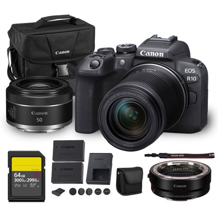 Canon EOS R10 Mirrorless Camera Kit | 24.2MP APS-C Sensor with RF-S 18-150mm Lens | 4K Video Dual Pixel AF Compact Travel Photography (5331C016)   Canon RF 50mm f/1.8 Lens   Adapter EF-EOS R   More
