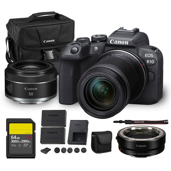 Canon EOS R10 Mirrorless Camera Kit | 24.2MP APS-C Sensor with RF-S 18-150mm Lens | 4K Video Dual Pixel AF Compact Travel Photography (5331C016)   Canon RF 50mm f/1.8 Lens   Adapter EF-EOS R   More