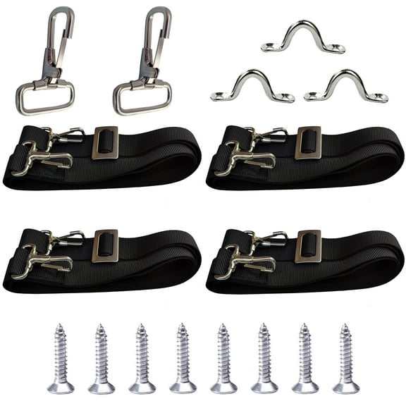 Adjustable Bimini Top Straps Black 4 Pcs, Boat Marine Tension Tie Down Webbing Straps with Double Side Hooks   Pad Eye Straps Stainless Steel Boat Awning Hardware Accessories