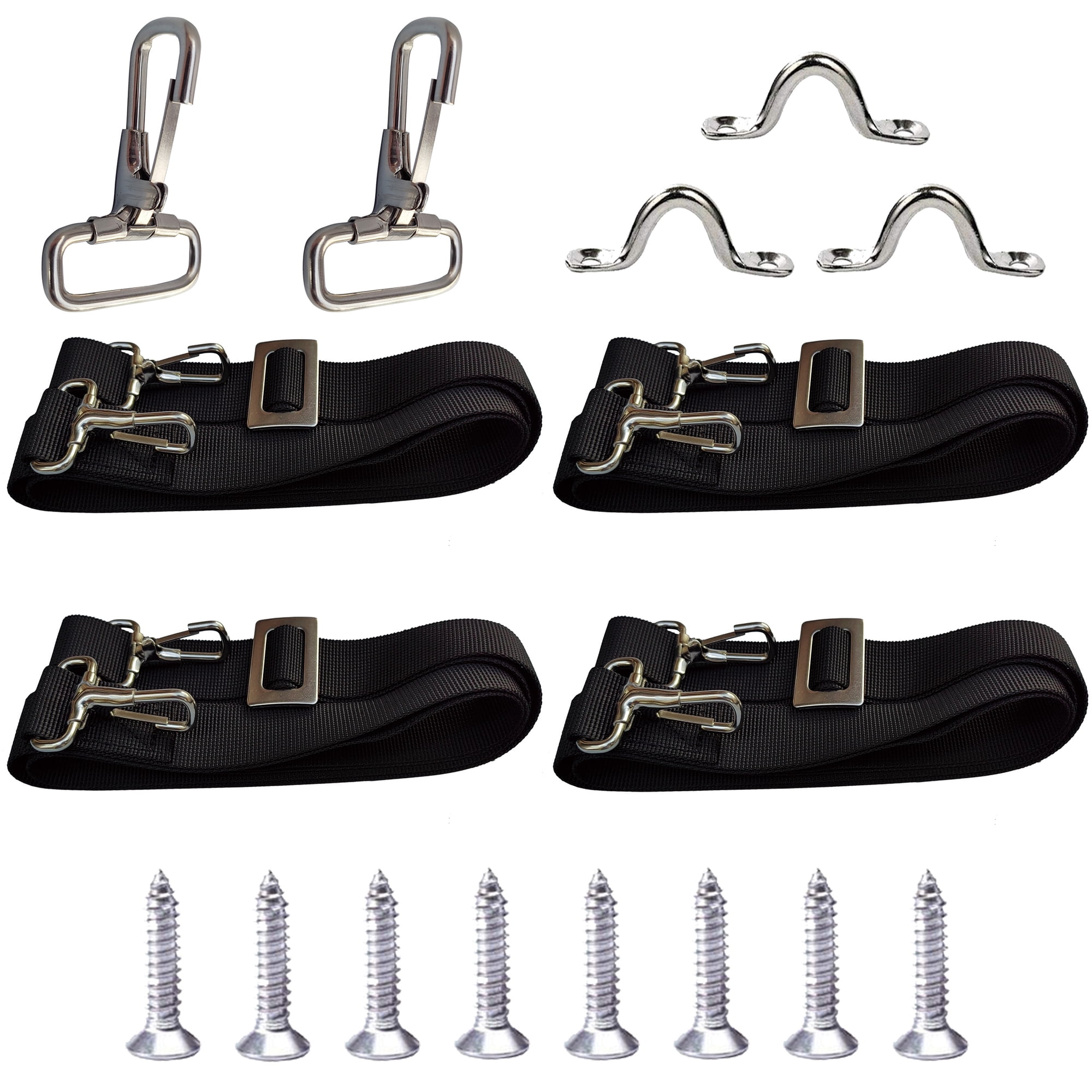 Adjustable Bimini Top Straps Black 4 Pcs, Boat Marine Tension Tie Down Webbing Straps with Double Side Hooks + Pad Eye Straps Stainless Steel Boat Awning Hardware Accessories