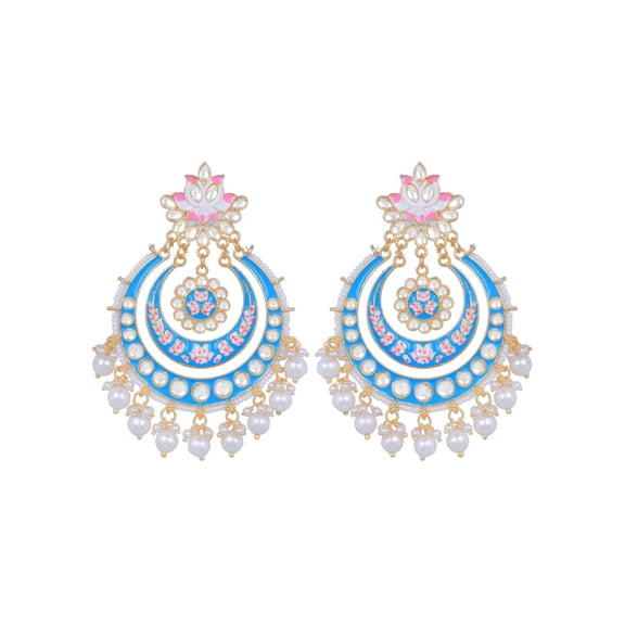 Crunchy Fashion Bollywood Jewellery Traditional Ethnic Bridal Bride Wedding Bridesmaid Crunchy Fashion Dazzling Pearl Gold-Plated Kundan Meenakari Blue Chandbali Earrings