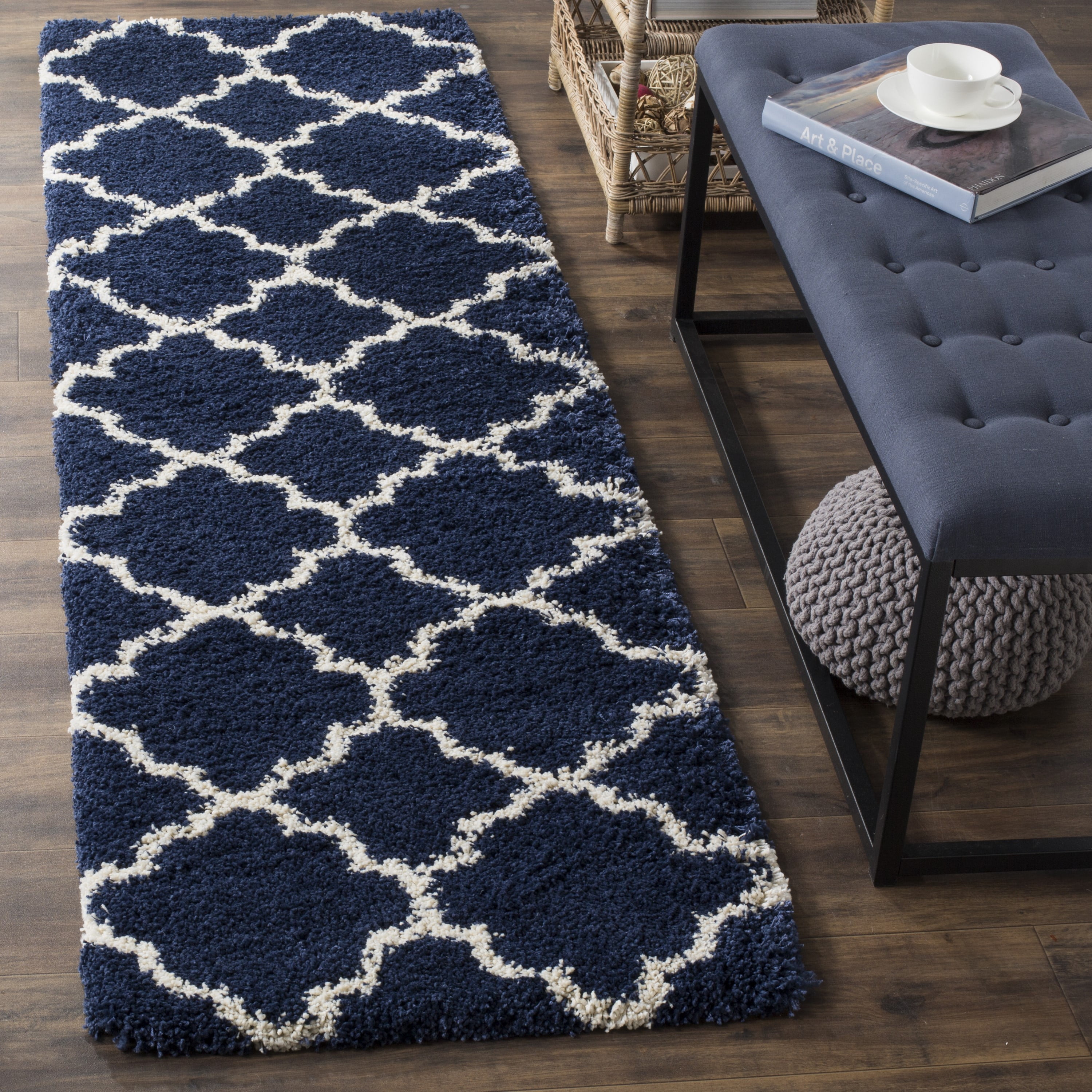 SAFAVIEH Hudson Jaye Plush Geometric Shag Runner Rug, Navy/Ivory, 2'3" x 16'