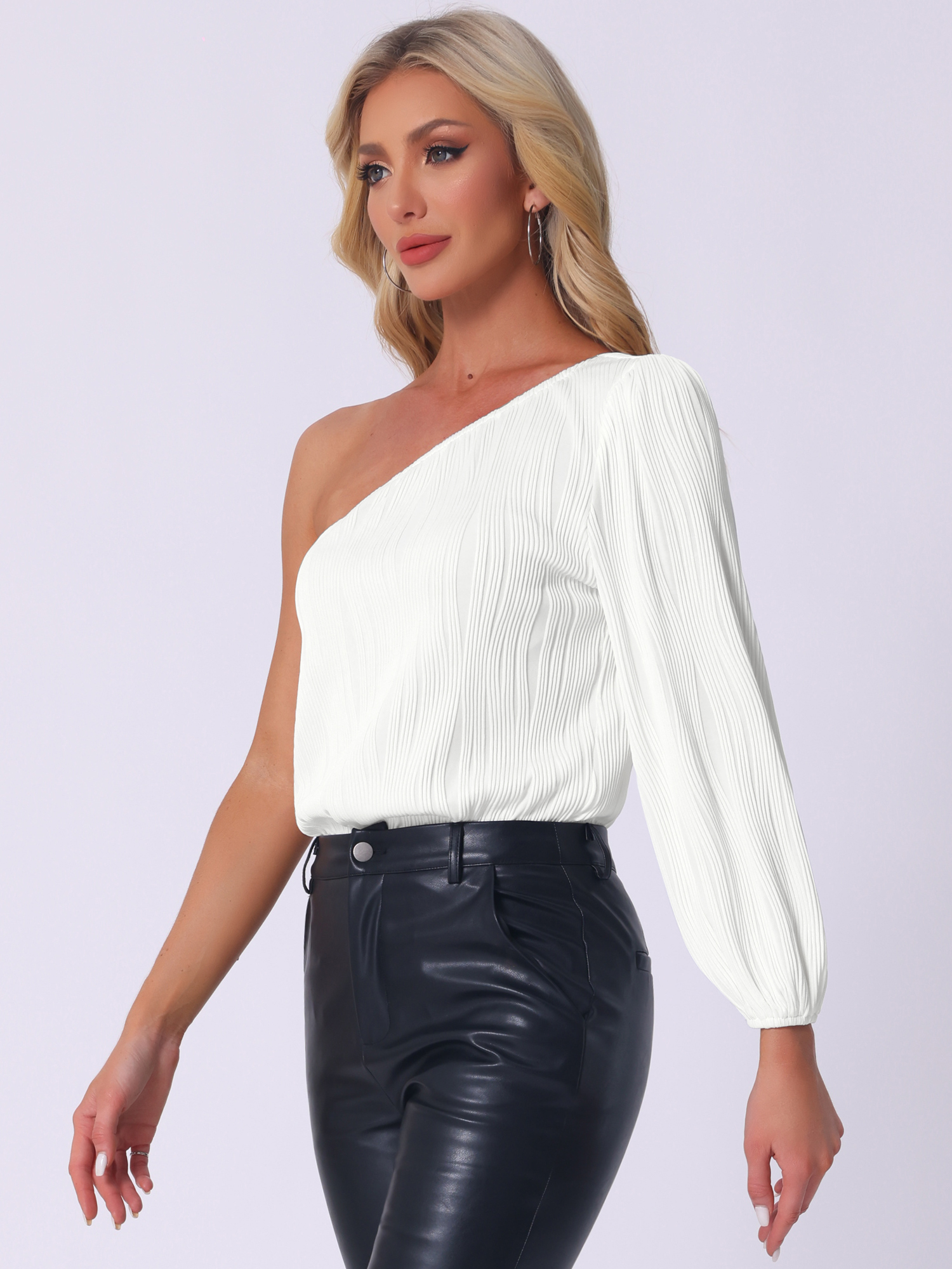 DARING DIVA One Shoulder Bodysuit Long Sleeve Ribbed Body Suits L White