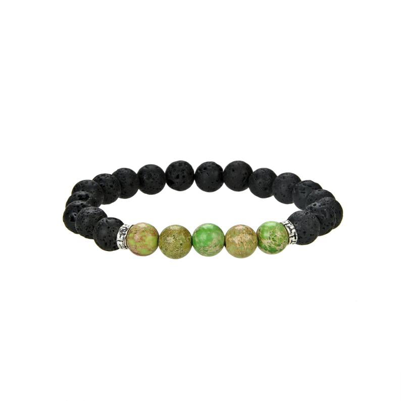 Picture and imperial jasper beaded bracelet with sterling silver plated 8 to 9 inch adjustable length.
