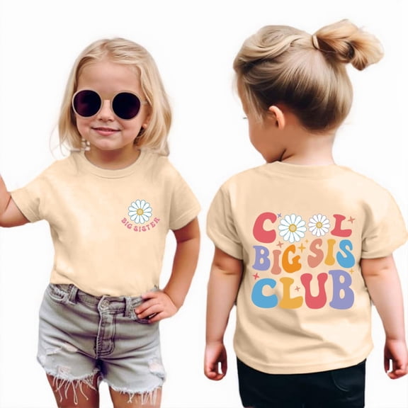 Whouriu Toddler Girls Cool Big Sis Club T-Shirt Flower Graphic Print Short Sleeve T Shirt Big Sister Pregnancy Announcement Tee, Sizes 3-13 Years