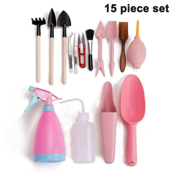 15 Pieces Succulent Plants Tools, Mini Garden Hand Tools Set Transplanting Tools Planting Gardening Tool Set for Indoor Miniature Fairy Garden Plant Care - Pink