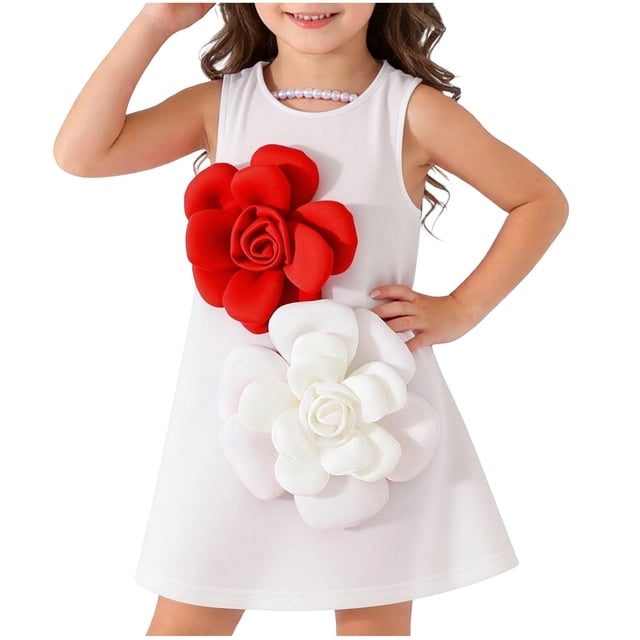 Tauxra Robe d'Été Sans Manches pour Femmes, Robe de Fête Florale Longueur Genou, Robe Trapèze, Robe Soleil à Imprimé de Fleurs Rouges et Blanches avec Jupe à Volants pour Invitée de Mariage, Cocktail