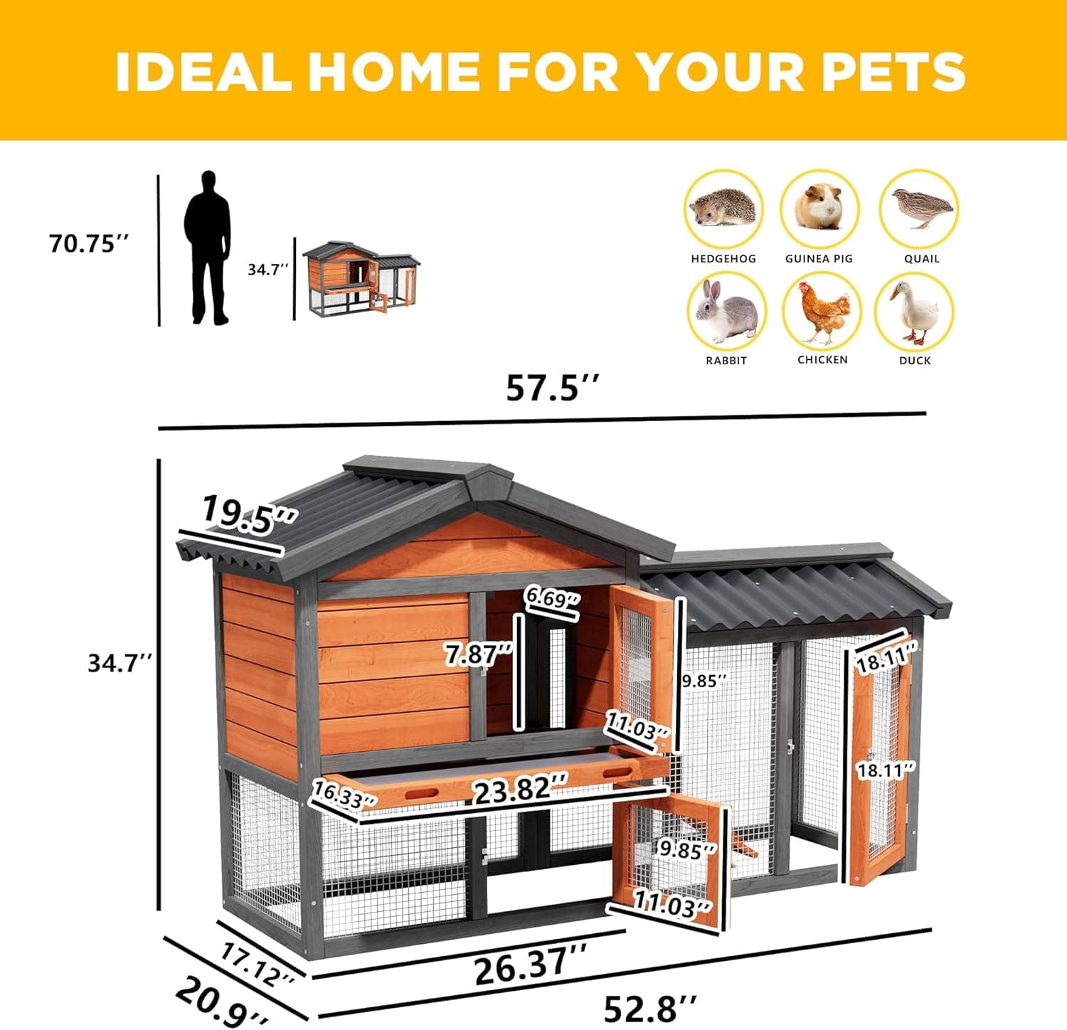 Chicken Coop with Run, 58" 2-Story Predator Proof Wooden Duck Hutch, Outdoor Rabbit Hen House