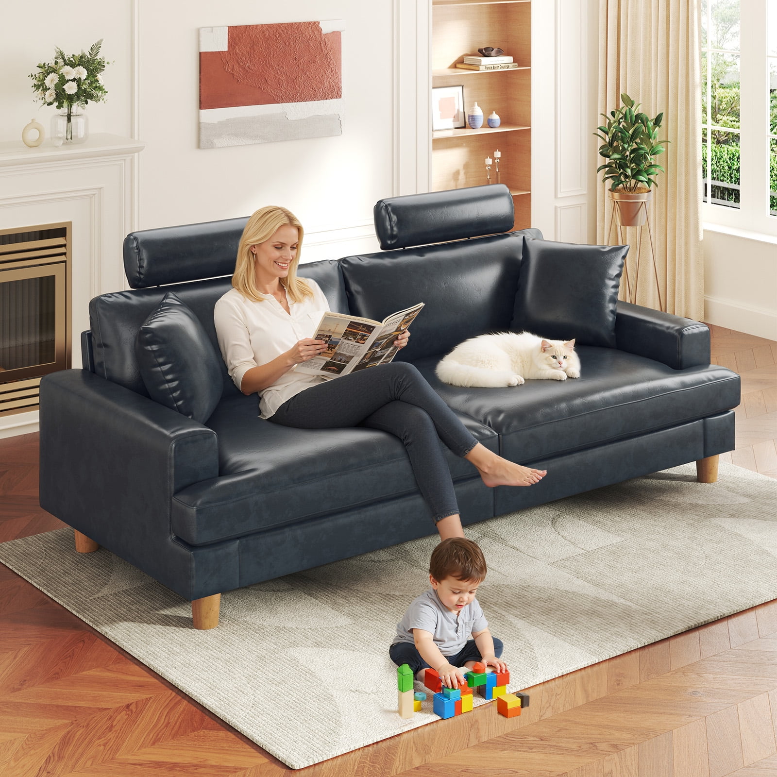 87" Sofa Premium PU Leather Couch with Headrest, Comfy 27" Extra Deep Seat 3 Seater Sofa for Living Room, Includes 2 Pillows, Gray