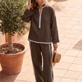thumbnail image 5 of Szluipve Linen Sets for Women 2 Piece Half Zip Stand Collar 2 Piece Outfits Long Sleeve Contrast Piping Top & High Waist Wide Leg Pants Casual Linen‑Look Matching Set with Pockets Coffee S, 5 of 5