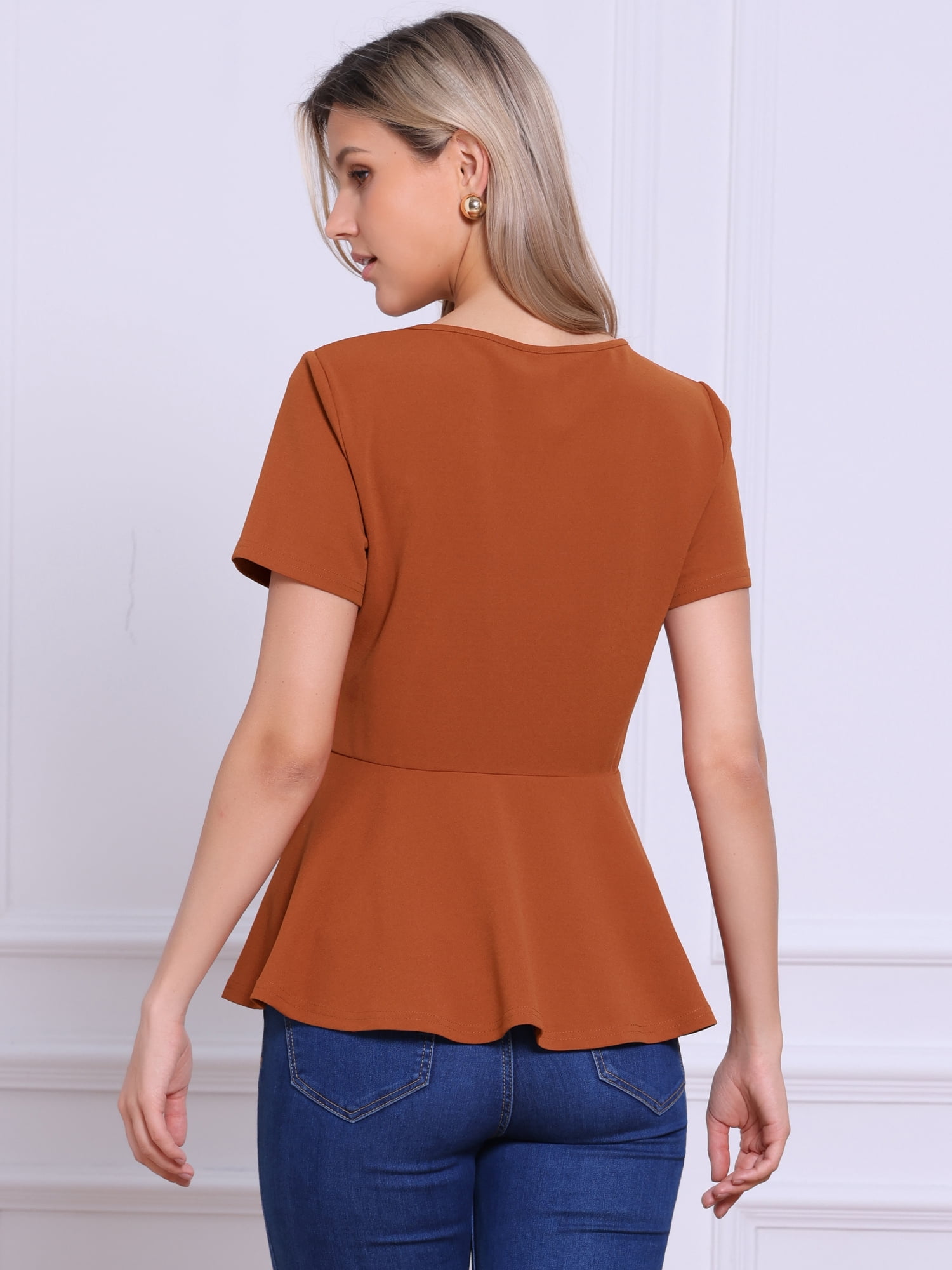 DARING DIVA Women's Peplum Tops Short Sleeve Crew Neck Blouse S Burnt Orange