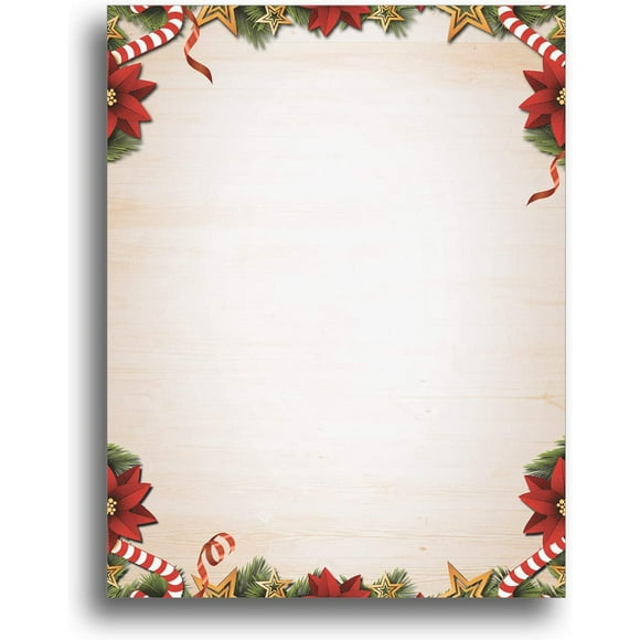 Candy Canes, Poinsettias, Pine Christmas Stationery Paper - 80 Sheets of Holiday Letterhead - 8.5" x 11" -