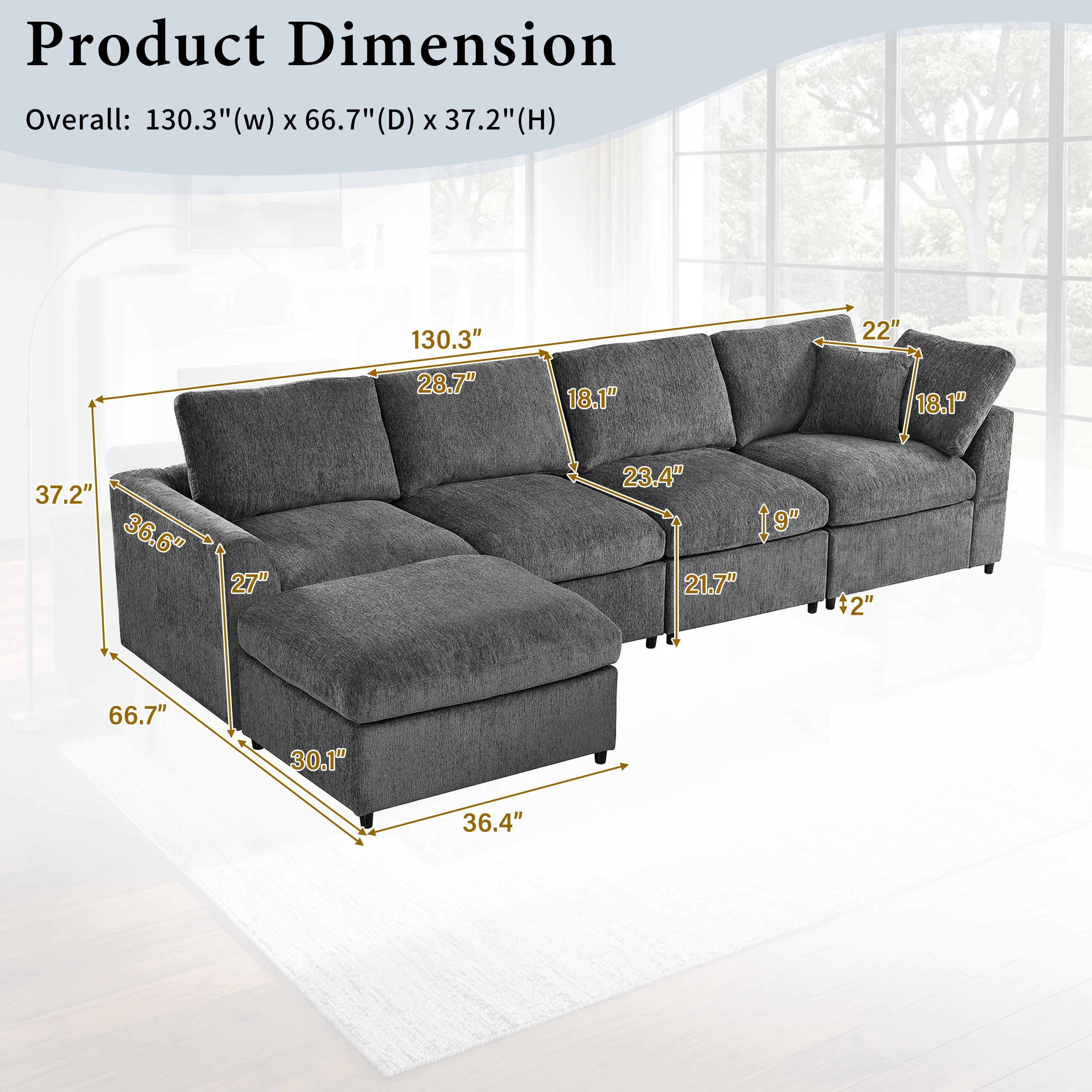Howcool 130.3"W L-Shaped Modular Sectional Sofa with Movable Ottoman,5-Seater Chenille Upholstered Sofa,Deep Seat Sofa Couch for Living Room and Apartment,Gray