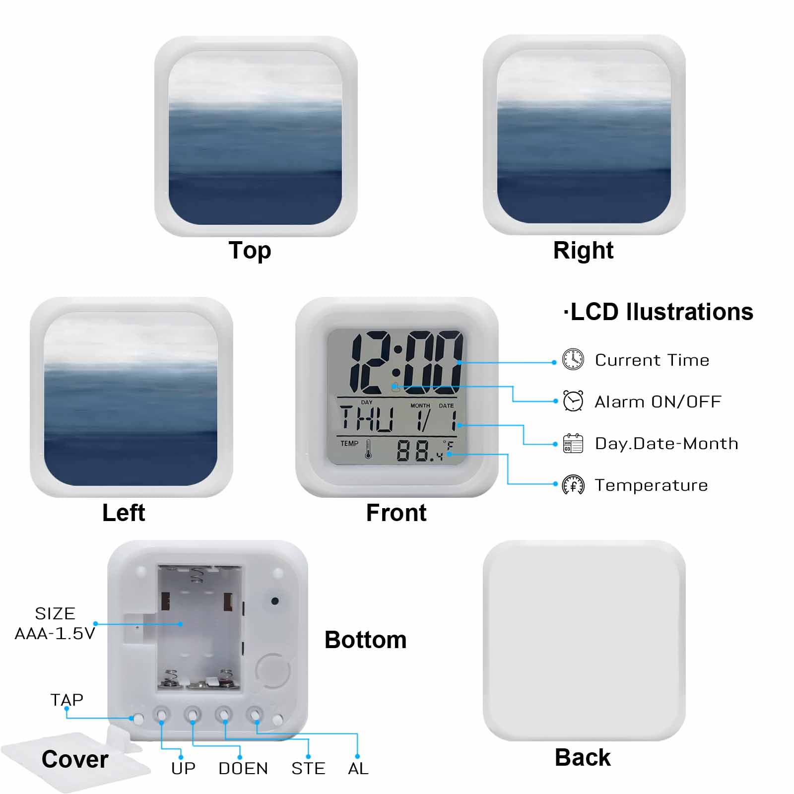 Alarm Clocks Navy Blue Digital Clock 7 Color LED Night Light Silent Non-Ticking Battery Operated Gradient Pure Color Cube Clocks Decorative for Bedroom Bedside Living Room Office School Decor