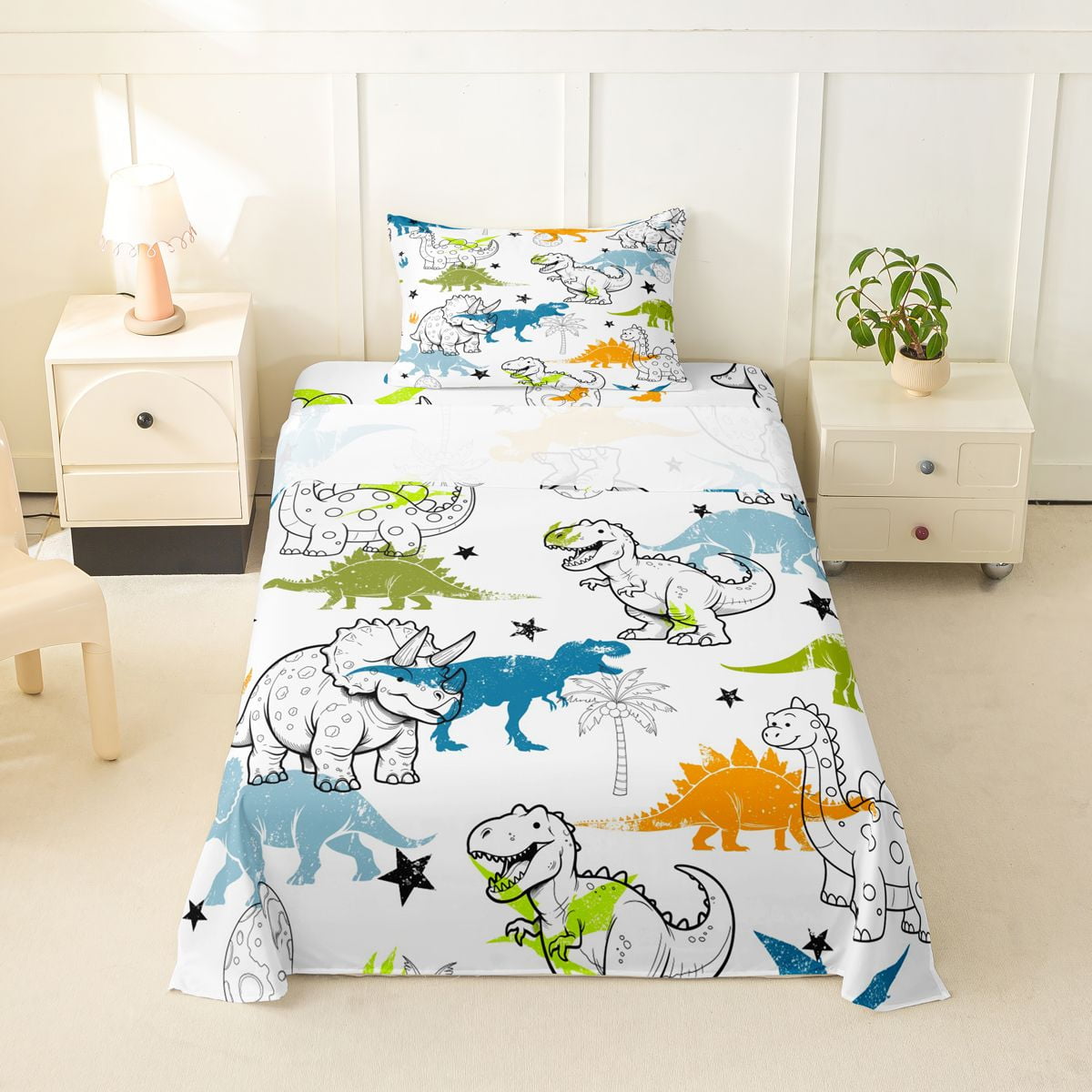 Homewish Funny Dinosaur Twin Sheets Cute Wildlife Bedding White 3-Piece 1 Fitted Sheet and 1 Pillowcase